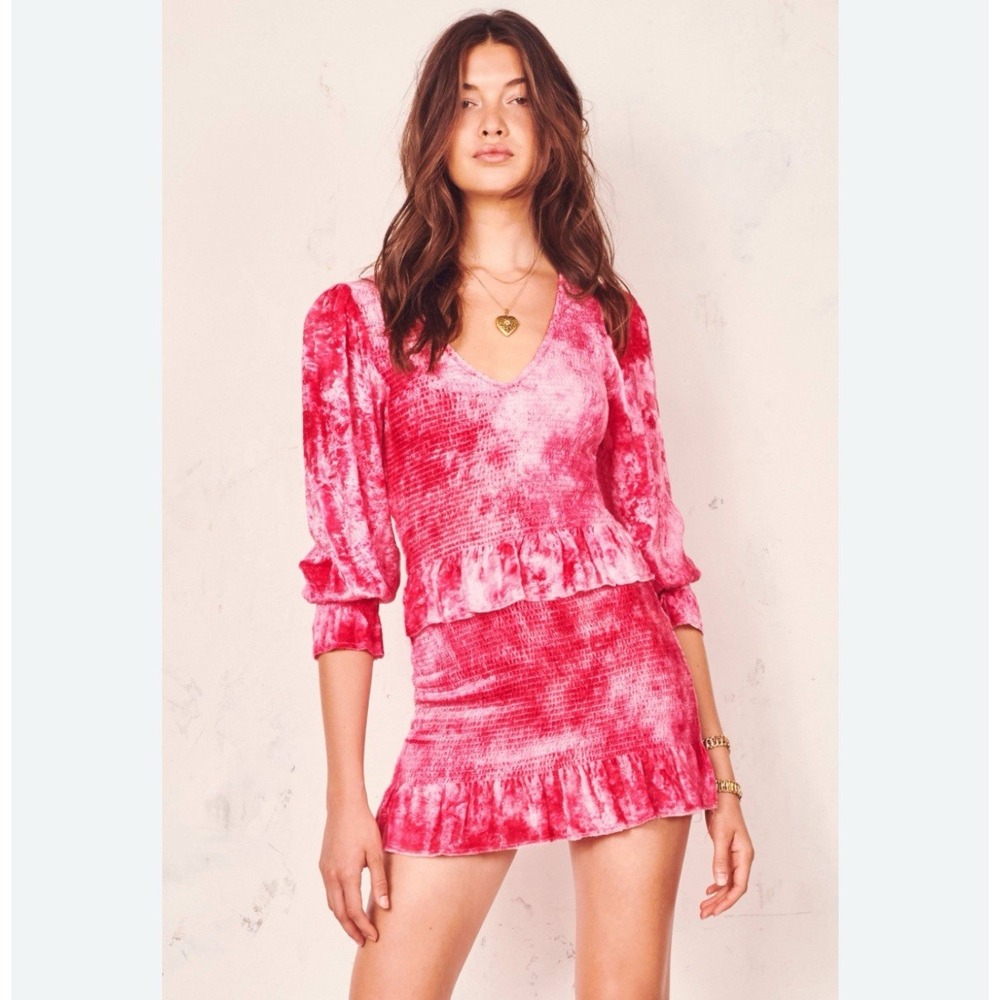 Loveshackfancy Evan Mini Dress Womens Medium Pink Tie Dye Velvet Ruffle Smocked